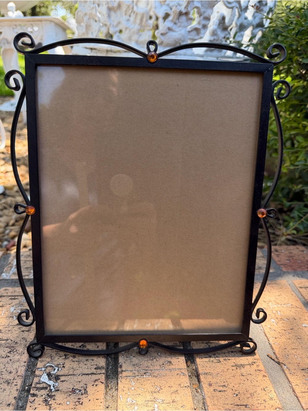 Ornate Black Metal 8x10 Photo Frame with Amber Accent - Hanging or Standing.